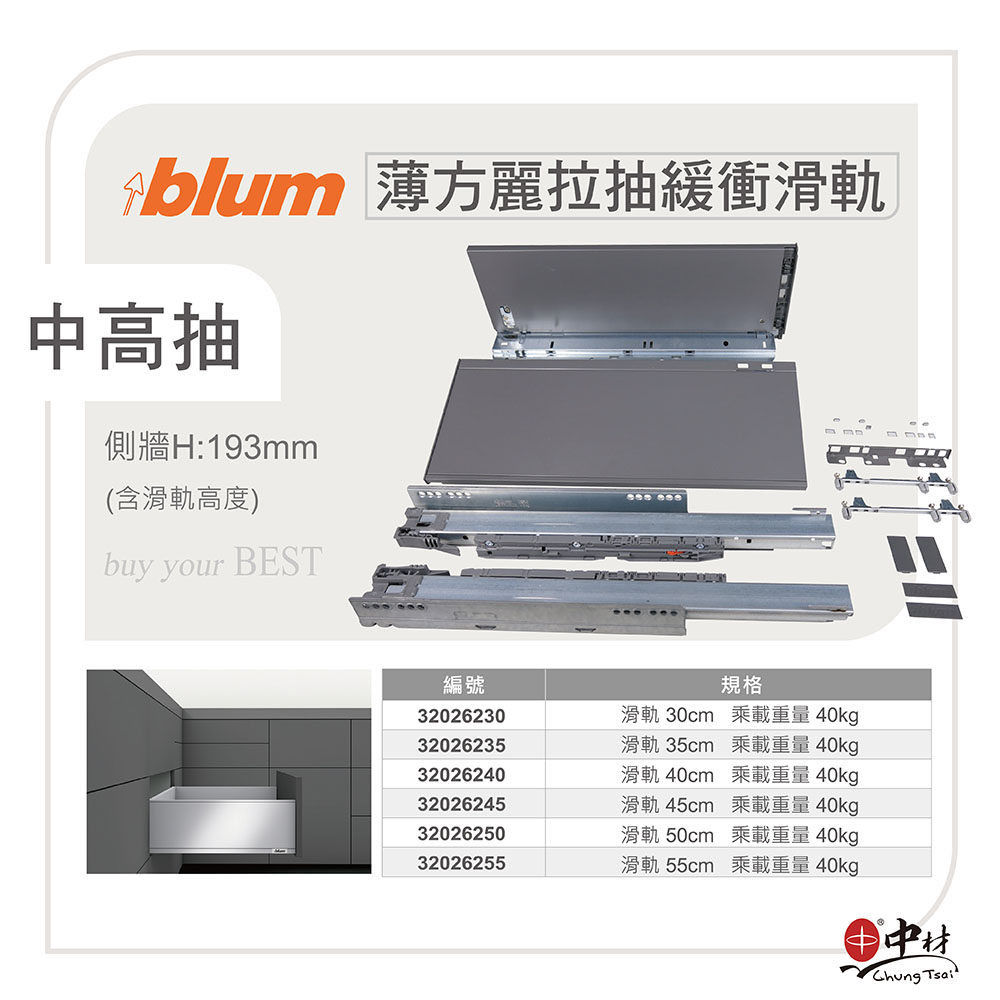 blum薄方麗拉抽緩衝滑軌(中高抽)