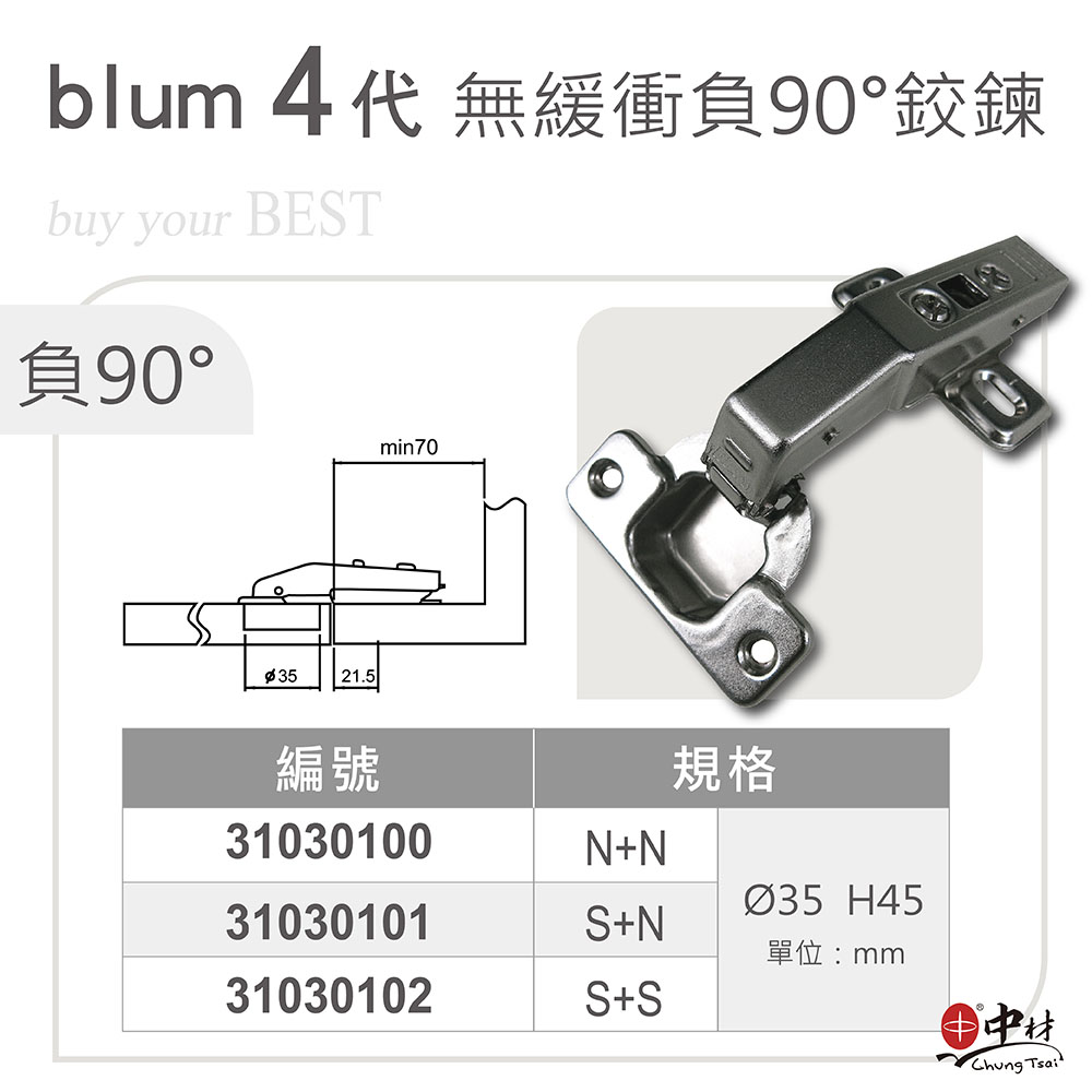 blum 4代無緩衝負90°鉸鍊